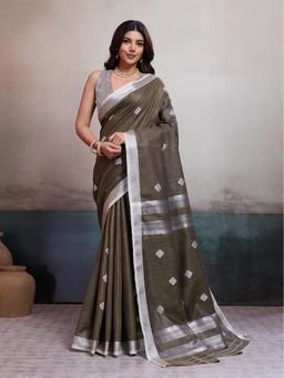 BFM - Dark Olive Linen Jacquard Woven Saree with Unstitched Blouse