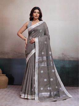 BFM - Grey Linen Jacquard Woven Saree with Unstitched Blouse