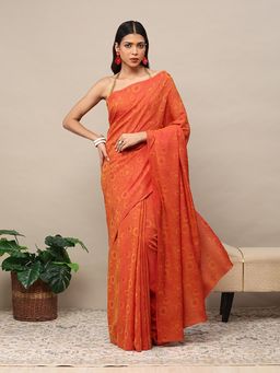 Garden VARELI - Orange Cationic Silk Geometric Printed Saree with Unstitched Blouse