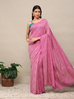 Garden VARELI - Pink Cationic Silk Geometric Printed Saree with Unstitched Blouse