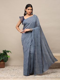 Garden VARELI - Grey Cationic Silk Geometric Printed Saree with Unstitched Blouse