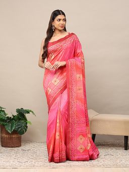 Garden VARELI - Pink Crepe Bandhani Printed Saree with Unstitched Blouse