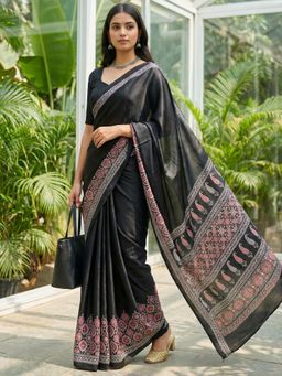 Hella Fashions - Black Ajrakh Digital Floral Printed Saree with Unstitched Blouse