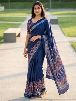 Hella Fashions - Blue Ajrakh Digital Floral Printed Saree with Unstitched Blouse