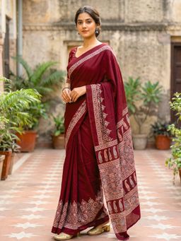 Hella Fashions - Maroon Ajrakh Digital Floral Printed Saree with Unstitched Blouse