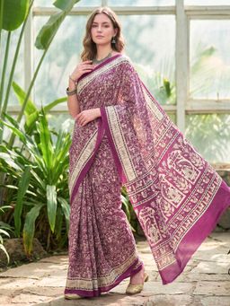 Hella Fashions - Purple Crepe Silk Printed Saree with Unstitched Blouse