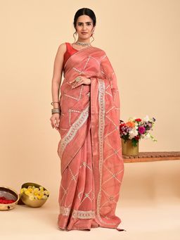 Hella Fashions - Peach Embroidered Gota Patti Saree with Unstitched Blouse