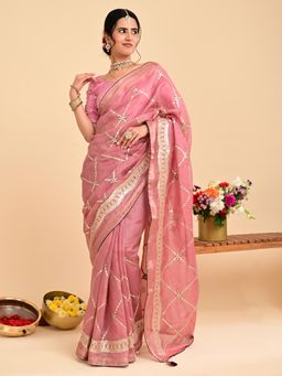 Hella Fashions - Pink Embroidered Gota Patti Saree with Unstitched Blouse