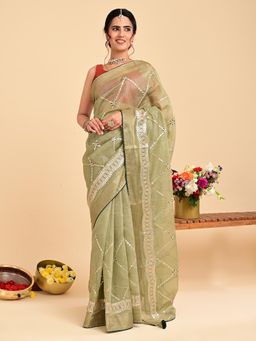Hella Fashions - Pista Green Embroidered Gota Patti Saree with Unstitched Blouse
