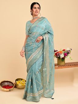 Hella Fashions - Sea Blue Embroidered Gota Patti Saree with Unstitched Blouse