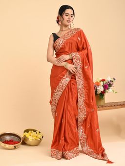 Hella Fashions - Orange Embroidered Zardozi Work Saree with Unstitched Blouse