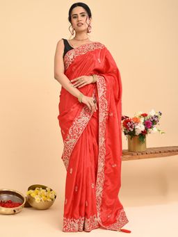 Hella Fashions - Red Embroidered Zardozi Work Saree with Unstitched Blouse