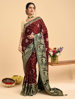 Hella Fashions - Maroon Woven Banarasi Saree with Unstitched Blouse