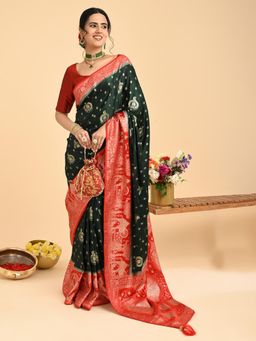 Hella Fashions - Dark Green Woven Banarasi Saree with Unstitched Blouse
