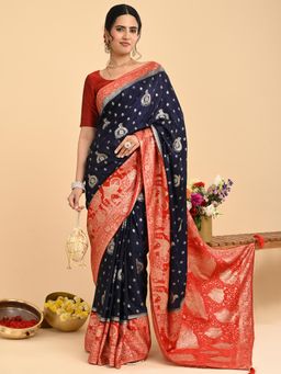Hella Fashions - Navy Blue Woven Banarasi Saree with Unstitched Blouse