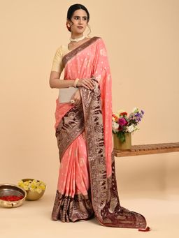 Hella Fashions - Pink Woven Banarasi Saree with Unstitched Blouse
