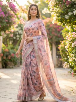 Hella Fashions - Baby Pink Floral Printed Linen Saree with Unstitched Blouse