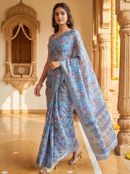Hella Fashions - Blue Floral Printed Linen Saree with Unstitched Blouse
