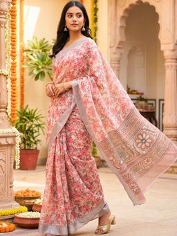 Hella Fashions - Pink Floral Printed Linen Saree with Unstitched Blouse