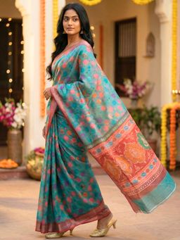 Hella Fashions - Teal Linen Printed Saree with Unstitched Blouse