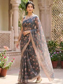 Hella Fashions - Grey Floral Printed Linen Saree with Unstitched Blouse