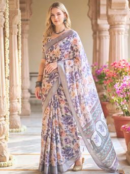 Hella Fashions - Lavender Floral Printed Linen Saree with Unstitched Blouse