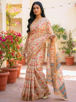 Hella Fashions - Peach Floral Printed Linen Saree with Unstitched Blouse