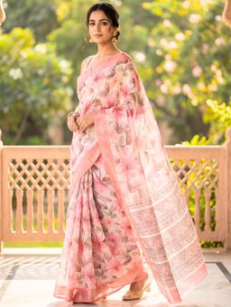 Hella Fashions - Pink Floral Printed Linen Saree with Unstitched Blouse