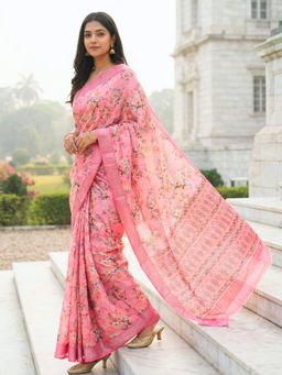 Hella Fashions - Pink Linen Floral Printed Saree with Unstitched Blouse