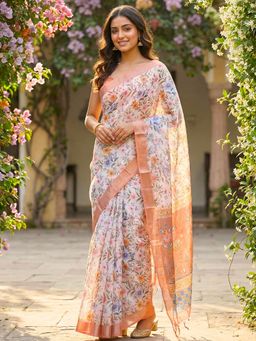 Hella Fashions - Peach Floral Printed Linen Saree with Unstitched Blouse