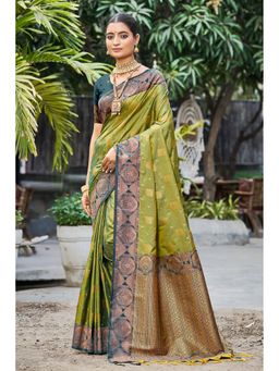 SURILI - Olive Soft Silk Woven Work Traditional Saree with Unstitched Blouse