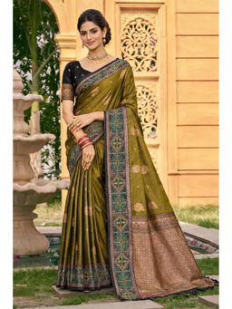 SURILI - Olive Soft Silk Woven Work Traditional Saree with Unstitched Blouse