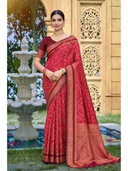 SURILI - Red Soft Silk Printed Woven Work Traditional Saree with Unstitched Blouse