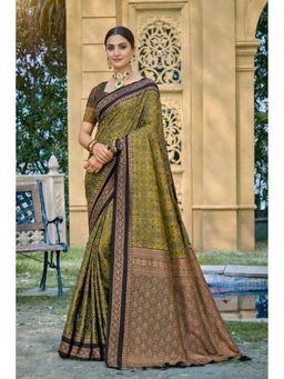 SURILI - Olive Soft Silk Printed Woven Work Traditional Saree with Unstitched Blouse