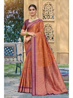 SURILI - Rust Soft Silk Printed Woven Work Traditional Saree with Unstitched Blouse