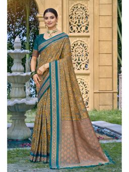 SURILI - Yellow Soft Silk Printed Woven Work Traditional Saree with Unstitched Blouse