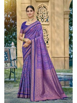 SURILI - Purple Soft Silk Printed Woven Work Traditional Saree with Unstitched Blouse