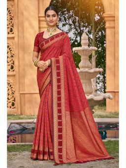 SURILI - Red Soft Silk Printed Woven Work Traditional Saree with Unstitched Blouse