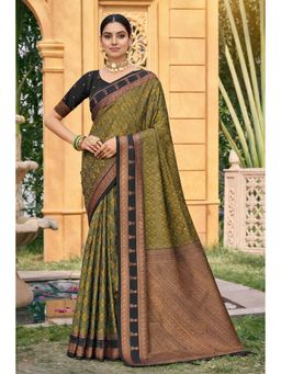 SURILI - Mehendi Green Soft Silk Printed Woven Work Traditional Saree with Unstitched Blouse