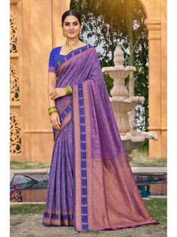 SURILI - Purple Soft Silk Printed Woven Work Traditional Saree with Unstitched Blouse
