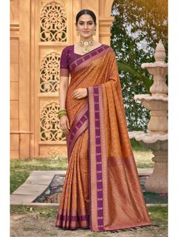 SURILI - Orange Soft Silk Printed Woven Work Traditional Saree with Unstitched Blouse