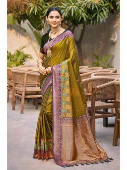 SURILI - Olive Soft Silk Woven Work Traditional Saree with Unstitched Blouse