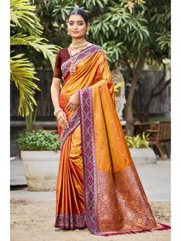 SURILI - Orange Soft Silk Woven Work Traditional Saree with Unstitched Blouse