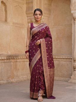 Anjaneya Sarees - Maroon Designer Banarasi Silk Woven Saree with Unstitched Blouse