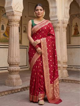 Anjaneya Sarees - Red Designer Banarasi Silk Woven Saree with Unstitched Blouse