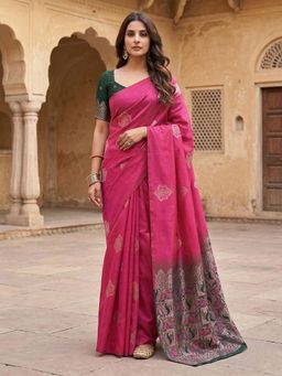 Anjaneya Sarees - Pink Designer Floral Banarasi Silk Saree with Unstitched Blouse