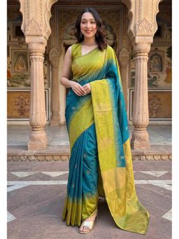 Anjaneya Sarees - Teal Floral Woven Banarasi Silk Saree with Unstitched Blouse