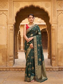 Anjaneya Sarees - Green Floral Woven Banarasi Silk Saree with Unstitched Blouse