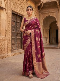 Anjaneya Sarees - Maroon Floral Woven Banarasi Silk Saree with Unstitched Blouse
