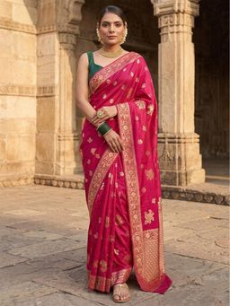 Anjaneya Sarees - Rani Pink Floral Woven Banarasi Silk Saree with Unstitched Blouse